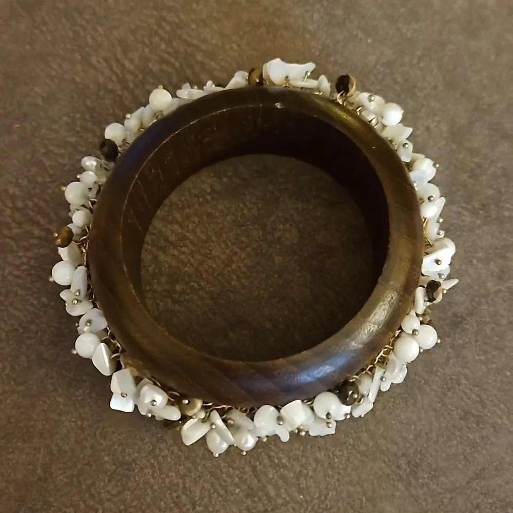 VTG Wood Mother of Pearl Bauble Cha Cha Bangle Mermaidcore Chunky Bracelet